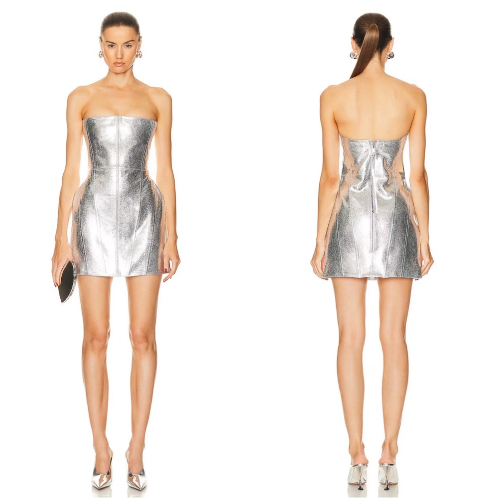 Retrofete Casmir Silver Leather Strapless Mini Dress Size Small
